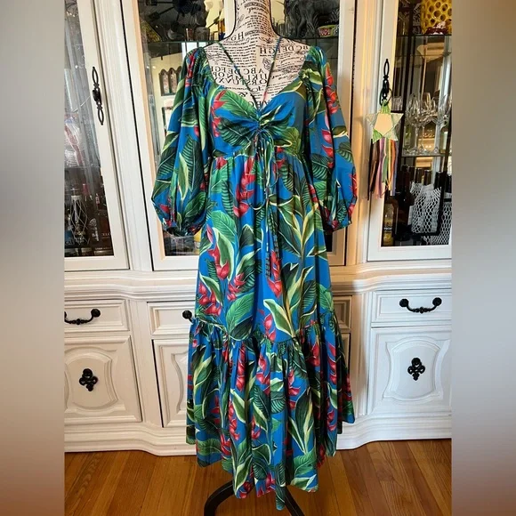 FARM Rio | Dresses | Farm Rio Blue And Green Tropical Print Balloon Sleeves Maxi  Dress S | Poshmark